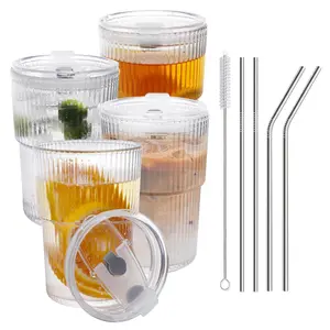 16 OZ Iced Coffee Cups with Lids and Straws Set of 4, Unbreakable Plastic Drinking Glasses Reusable Iced Coffee Glass to Go Cup for Iced Tea,Juice, Water,BPA Free, Dishwasher Safe