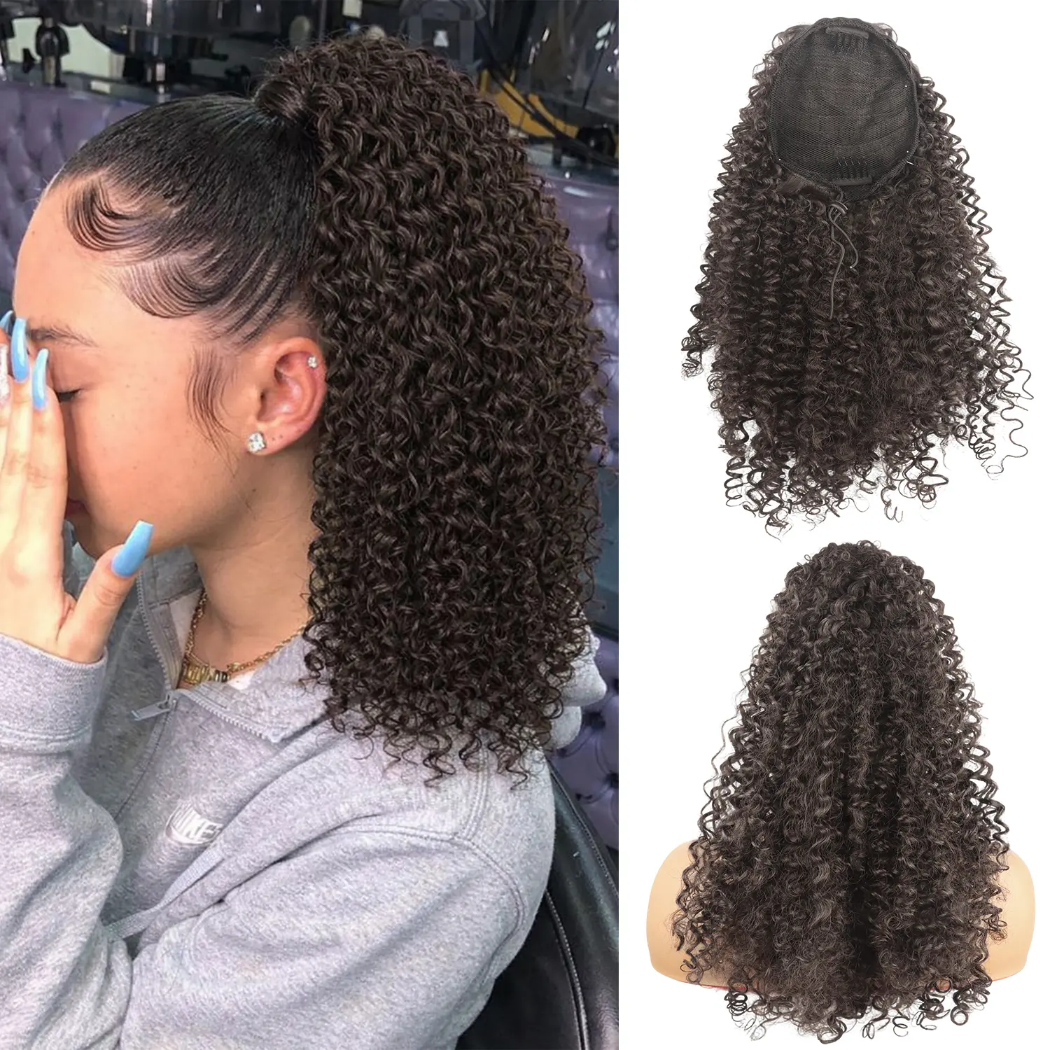 Black Girls' Afro Kinky Curly Drawstring Ponytail Extension, 20-Inch 2 Clip-In Synthetic Extensions & Pieces, Voluminous Updo Chignon Buns Clip-Ins for Black Girls, Drawstring Ponytail Extensions
