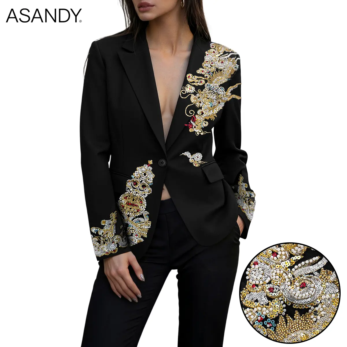 ASANDY Lady's Fitted Sparkly Light Black Woven Longsleeve Suit Blazer - Slim-Fit, Gold Sequin & Crystal Dragon Embroidery, Basic Statement Clothes for Red Carpet, Parties, Traditional