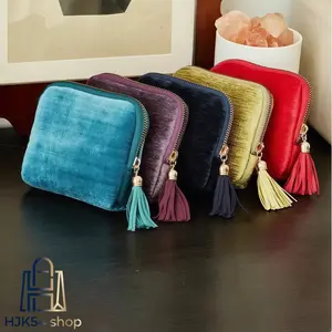 2pcs Velvet Tassel Jewelry Storage Pouches, Portable Zippered Travel Organizer with 5 Compartments, Soft Bracelet & Earring Case, Vintage Multi-Color Mini Bags