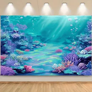 Mermaid Theme Birthday Party Decoration Set, Blue Photography Backdrop with Bubbles Starfish Shells, Baby Shower Photo Studio Banner