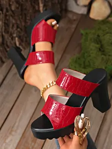 Crocodile Print Platform Chunky Heel Slide Sandals - Luxe Fish Mouth High Heels for Women