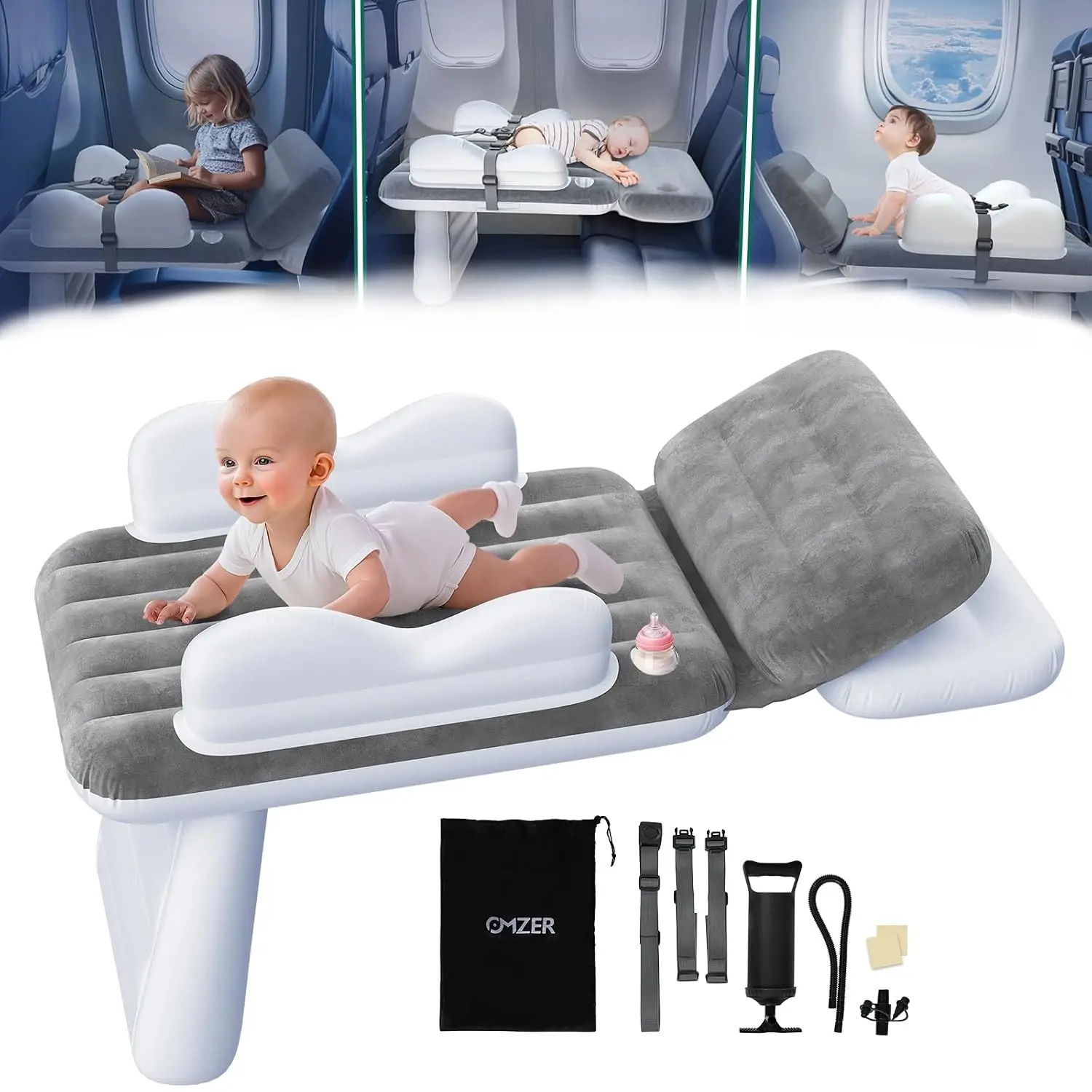 Thin Lightweight Portable Inflatable Toddler Bed - Travel Airplane Seat Extender with Protective Side Bumpers, Foldable Kids Mattress for Flights & Car Rides, Compact Carry, Quick Inflate (Sports & Outdoor Camping & Hiking Sleeping Gear), Portable Bed Sol