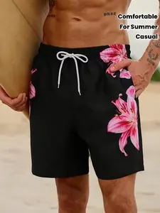 Men's 3D Print Striped Geometric Summer Beach Pants, Casual Fitted Letter Pattern, Adjustable Drawstring Waist, Swimming Shorts