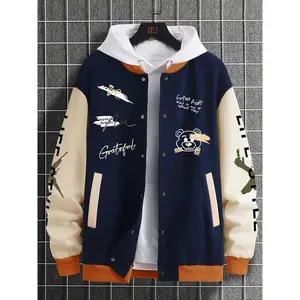 Men's Cartoon Bear & Letter Print Drop Shoulder Pocket Jacket without Hoodie, Fashion Street Button Front Baseball Collar Outerwear for Daily Holiday Outdoor Wear, Men Clothes for Spring & Fall