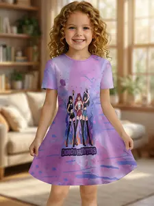 Demon Hunter Girl Group Girls' Dress Blue Ink Splatter Print, Knee Length, Asymmetrical Design, Casual Fitted Short Sleeve