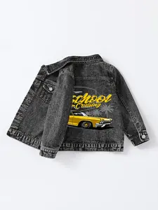 Boys' Denim Jacket, Oldschool Skull Car Print, Washed Look, Spring Summer Streetwear, Daily School Outdoor Activities