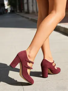Vintage Elegant Stylish Classy Fashion Buckle Mid-Heel Heeled Mary Jane Women Shoes, Comfortable Round Toe, Textile Upper, Rubber Sole, Available in Three Colors, High Heel Shoes