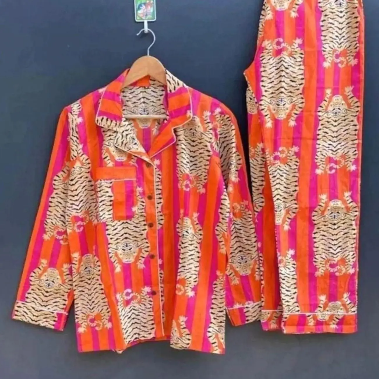 Hand Block Tiger Print Satin Pajama Set: Indian Floral Nightwear