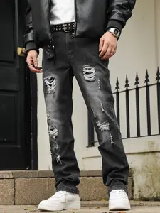 Men's Slim Fit Denim Jeans with Ripped Details, Dark American Stylish Streetwear Style, Perfect Gift for Cool Boyfriend