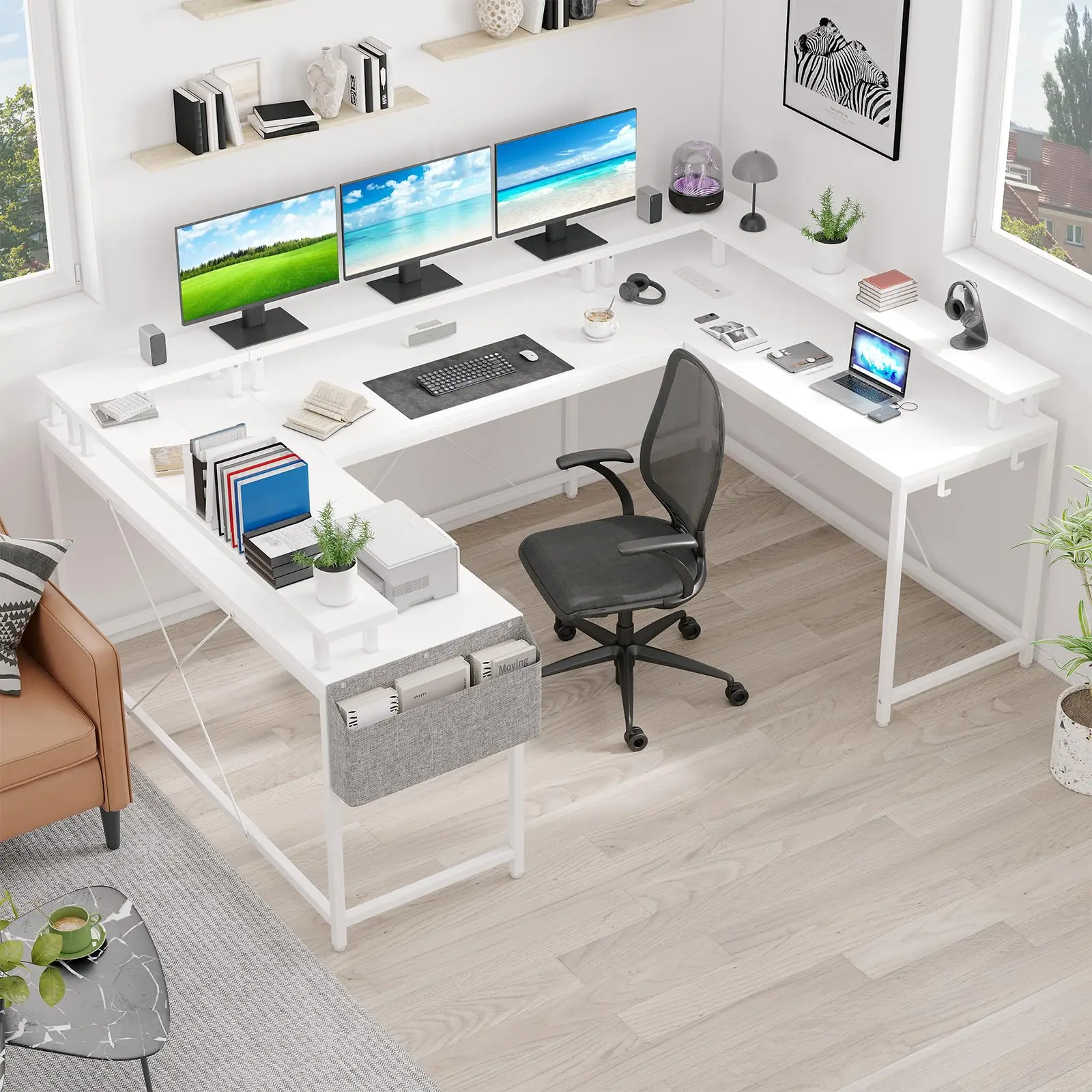 【GARVEE】U Shaped Desk with Power Outlets & LED Lights, 79" Reversible L Shaped Desk, Corner Computer Desk Office Desk with Full Monitor Stand, White