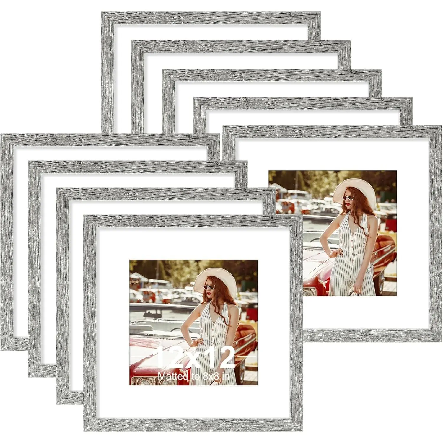 Grey Engineered Wood 12x12 Photo Frame Set of 9 with Box - Shatter-Resistant Plexiglass, Wall-Mountable Home Decor, Lightweight, Displays 8x8 Pics With Mat or 12x12 Without Mat