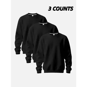 Men's 3-Piece Plain Round Neck Sweatshirt Set, Soft Warm Fleece Pullover for Casual Daily Wear, Layering Essential for Fall & Winter