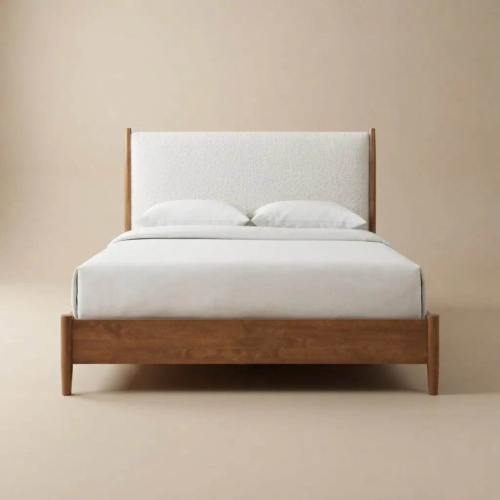 Thusis Mid-Century Modern Walnut and Beige Boucle Upholstered 4-Piece Queen Bedroom Set