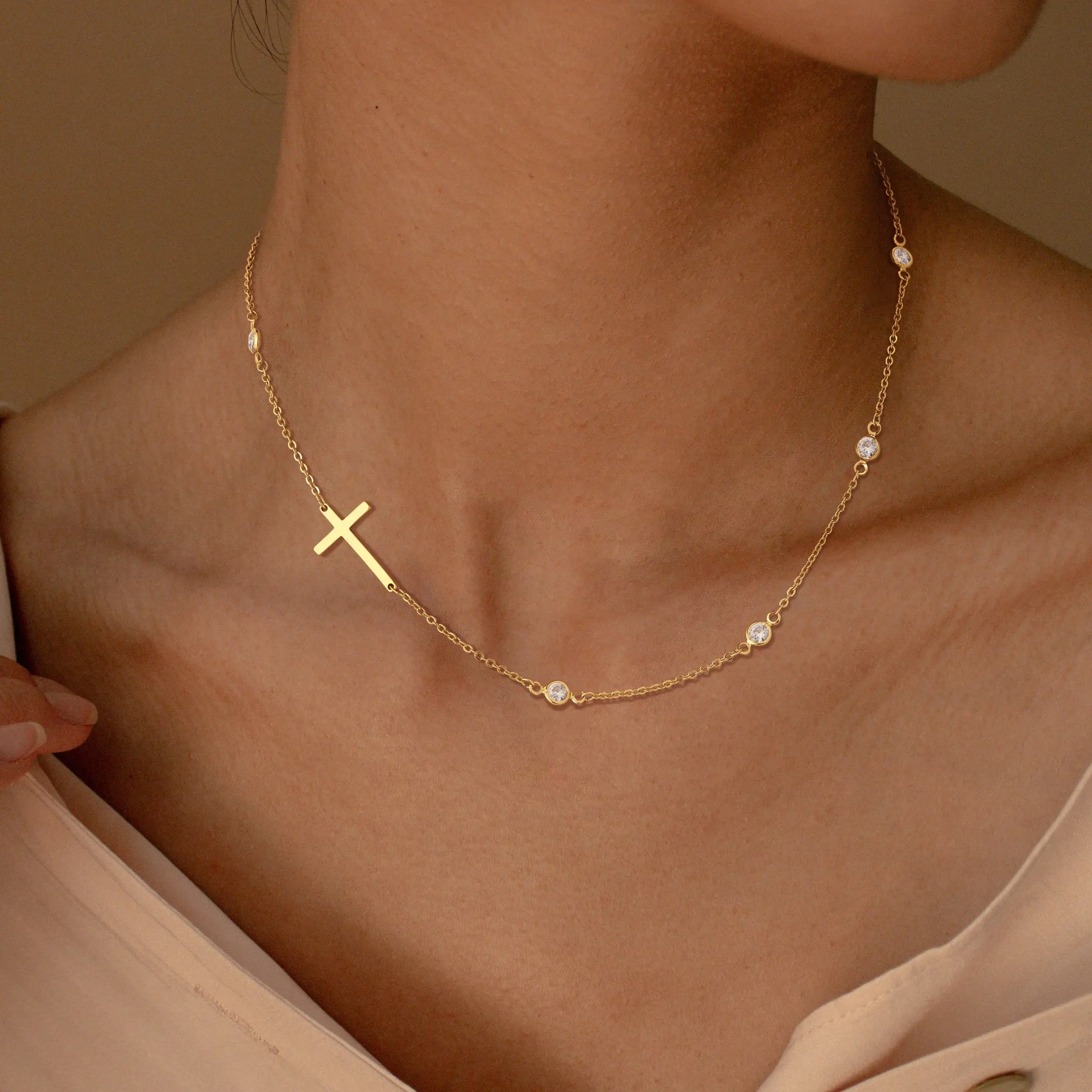 Tewiky Women's Gold Aesthetic Metal Coated Cross Pendant Necklace - 4mm Zirconia Side-Set, Polished Look, Bling Sparkle, Short Neckline Fit, Elegant Jewelry, Birthday Gift, Chain & Link Design, Everyday Accessory