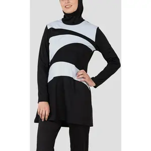 Grey Wavy Panel Detail Swimwear Burkini Three Piece Set