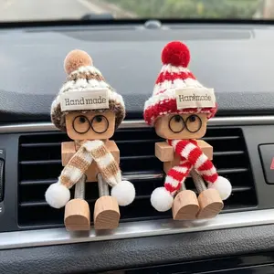 2PCS Funny Wooden Wobble Figurines, Beech Wood Bobble Doll Set for Car Vent Dashboard Desk and Home Decor, Christmas Holiday Ornament and Creative Gift Idea