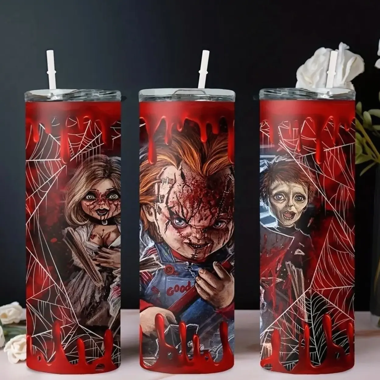20oz 30oz 40oz Halloween Straight Water Bottle with Chucky Horror Movie Character Printed Stainless Steel Insulated Thermal Bag Cold Water Cup Suitable for Coffee Milk Beer Beverage