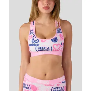 PSD Womens KAB Stacked Racerback Sports Bra - Comfortable, Breathable, Ultra-light Fabric, 🎗️ Donation to Keep A Breast with Every Purchase, Breast Cancer Awareness Month