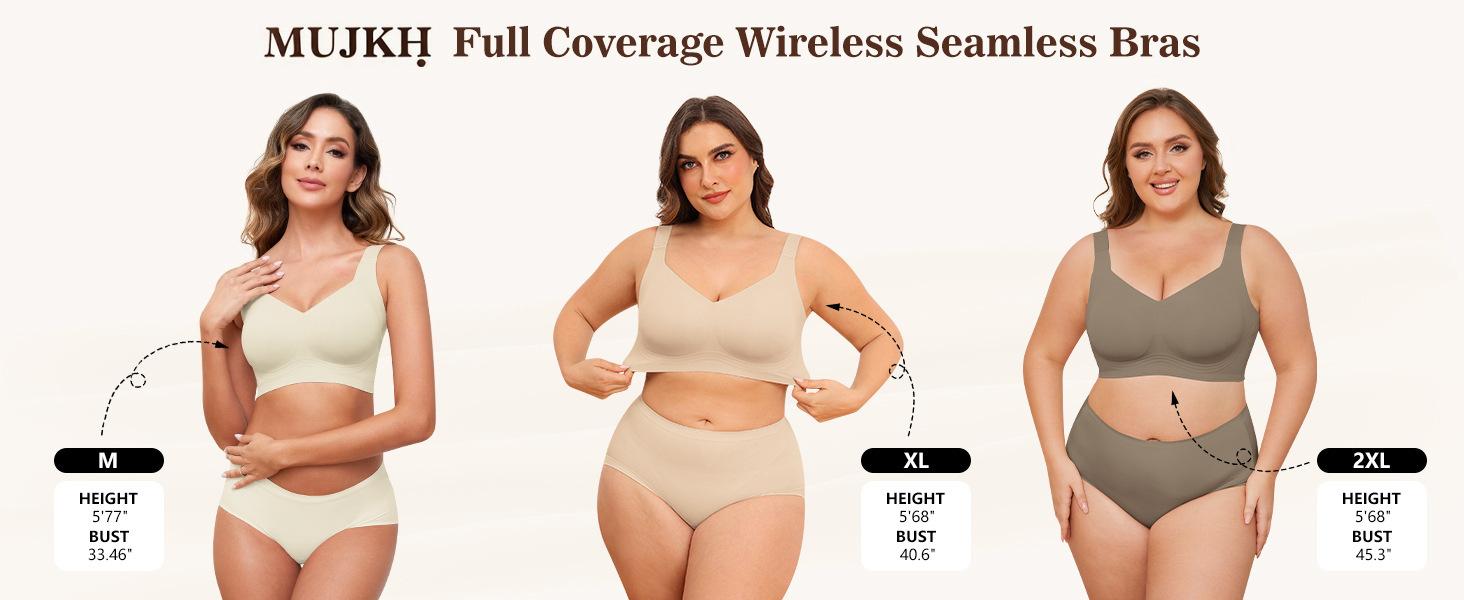 2 Pack Plus Size Wireless Seamless Bra for Women, Full Coverage Soft Support No Digging Comfort Bralette, Everyday Push Up Lingerie for Curvy