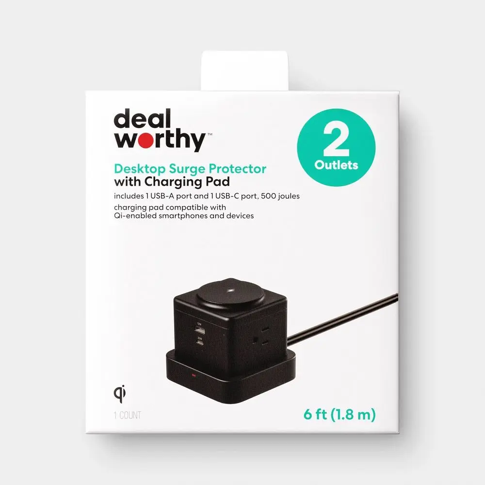 Dealworthy Compact Desktop Surge Protection Cord with USB-A, USB-C Ports, and Top Charging Pad for Devices, Black (Type C Compatible)
