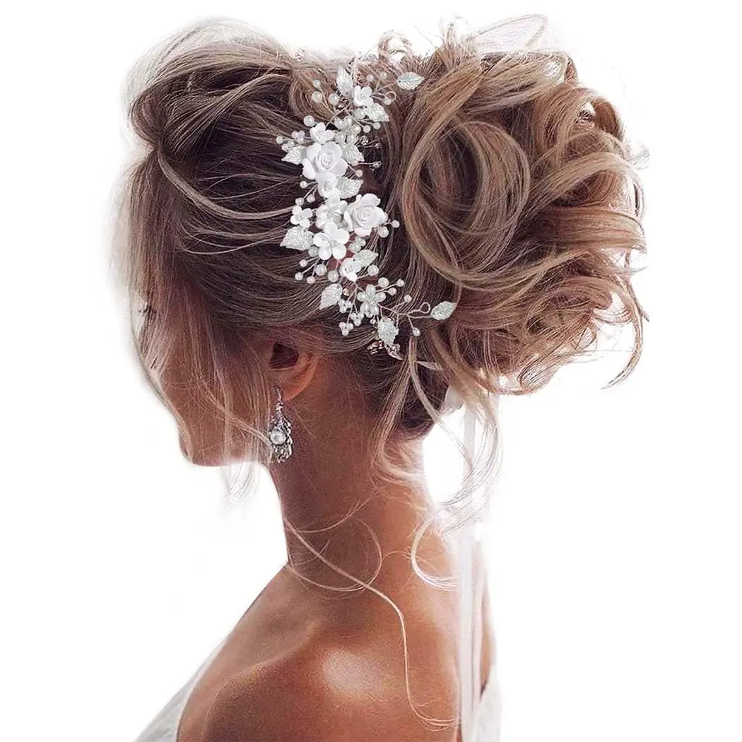 Flower Bride Wedding Hair Vine Pearl Bridal Hair Piece Leaf Hair Accessories Rhinestone Headband for Women and Girls (9inches) (Silver)