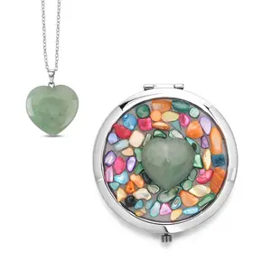 Livmore Green Cosmetic Gemstone Mirror with Matching Green Aventurine Heart Necklace 20 Inches in Silvertone