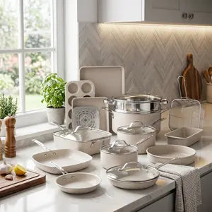 Granitestone Ceraluxe 20Pcs Ceramic Cookware Set Nonstick, Complete Pots and Pans Set Non Stick with 5 Pc Bakeware Set, Deep Frying Pan Set, & Steamer, Non Toxic, Oven & Dishwasher Safe, Beige