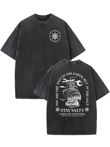 Men's Vintage Nautical Sailboat & Knot Washed T-Shirt - "Stay Salty" Slogan Maritime Design, Breathable Washed Tee with Ocean Fish Hook Print, Loose Short Sleeve Shirt, Perfect for Beach, Boating, Sailing & Casual Wear - Ideal Gift for Men