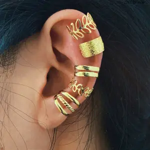5 Piece Gold Ear Cuff Set, No Piercing Leaf Textured Stackable Ear Clips, Minimalist Fake Piercing Earrings for Women