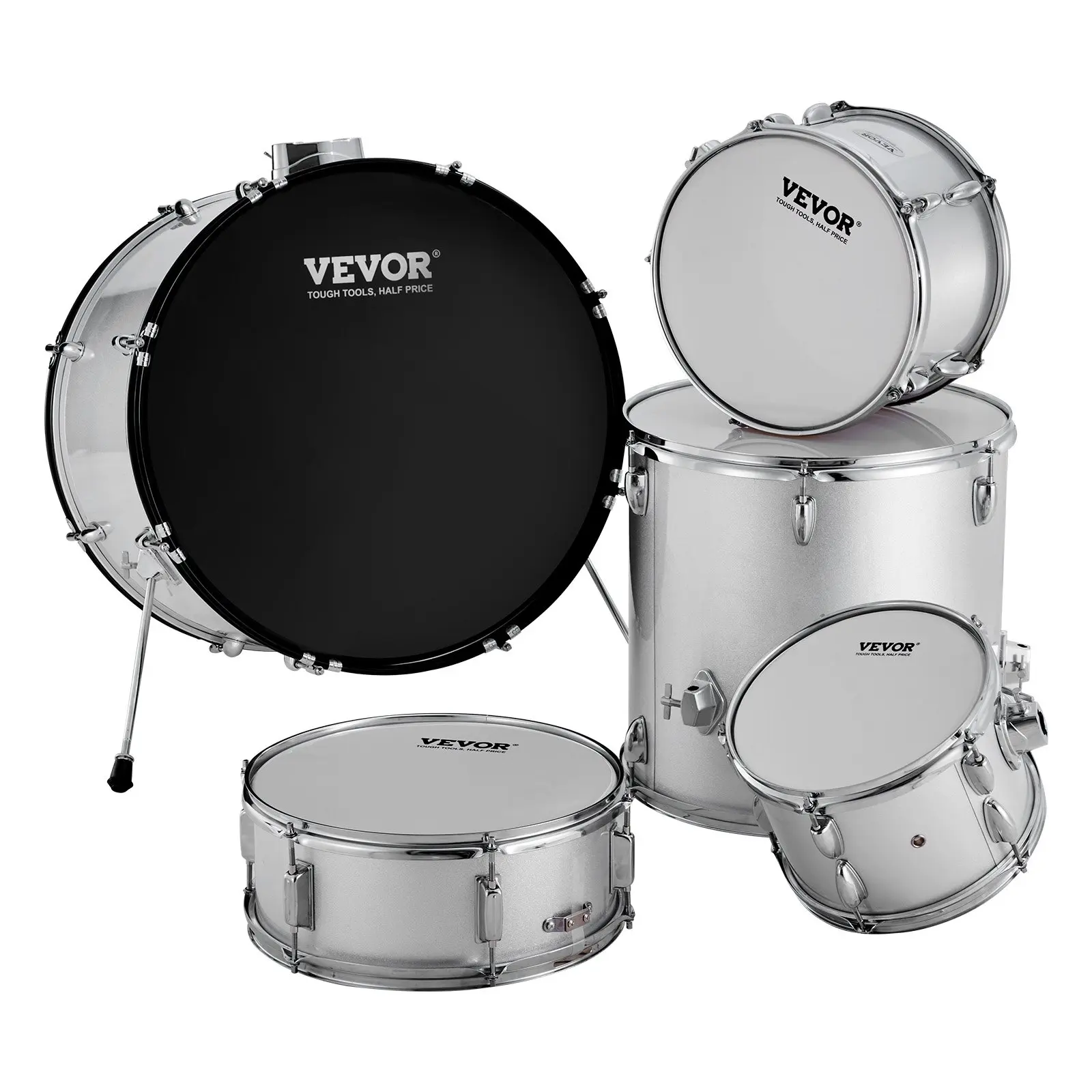 VEVOR Poplar Wood 5-Piece 22in Full Size Complete Beginner Drum Set for Adults, Including Bass Tom, 14in Snare Drum, Floor Tom, Adjustable Throne, Stands, 8in Hi-Hat Cymbal, Cymbals, Pedal & Drumsticks, SilverSummervibes
