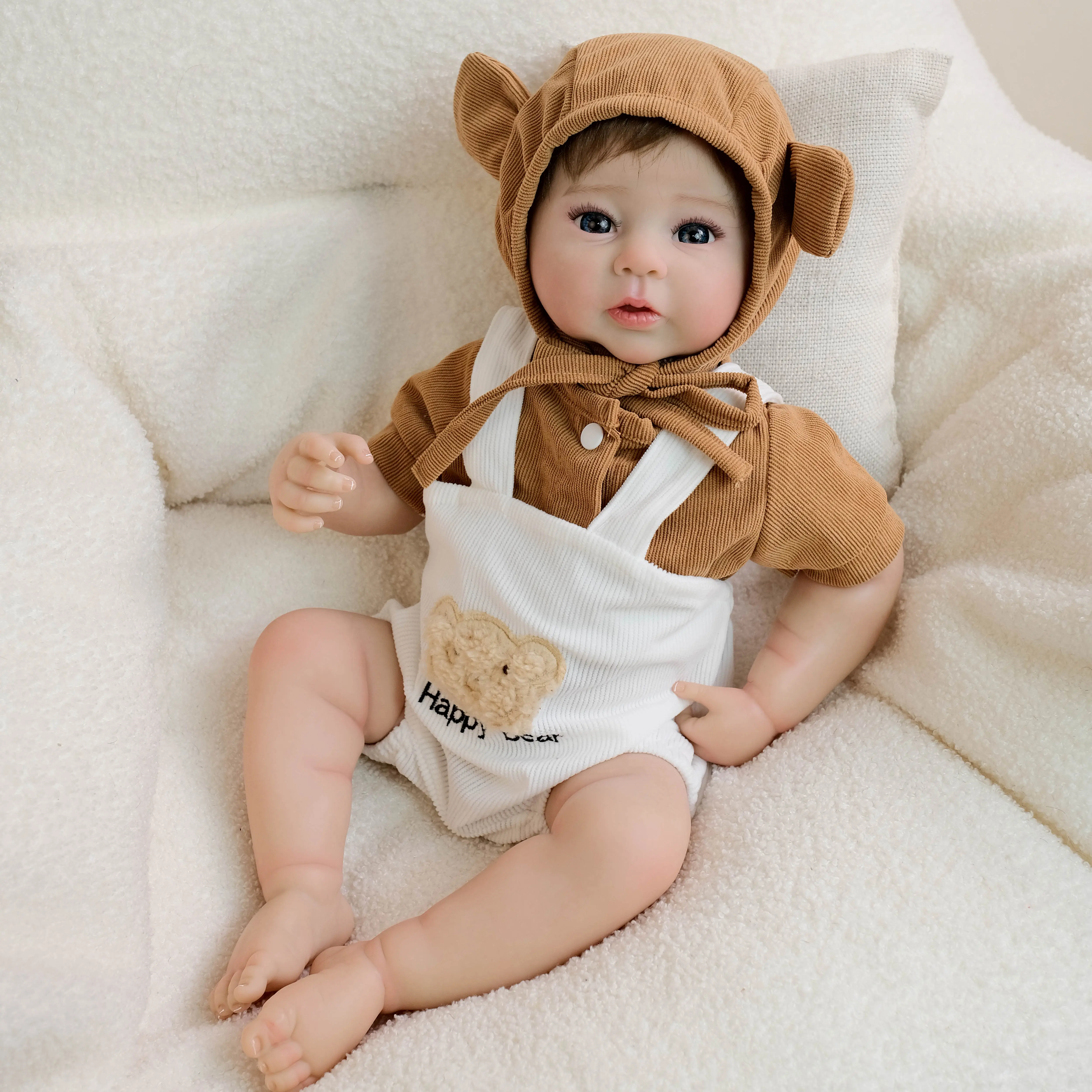 19" Handmade Lifelike Newborn Realistic Rebirth Doll - Soft Full Vinyl Body, Rooted Brown Hair, Blue Eyes, Bear Outfit, Full Accessory Kit, Anatomically Correct Complete Gift Set for Kids, Lifelike Newborn Doll Cute Clothes Dolls Cute Doll Collectible
