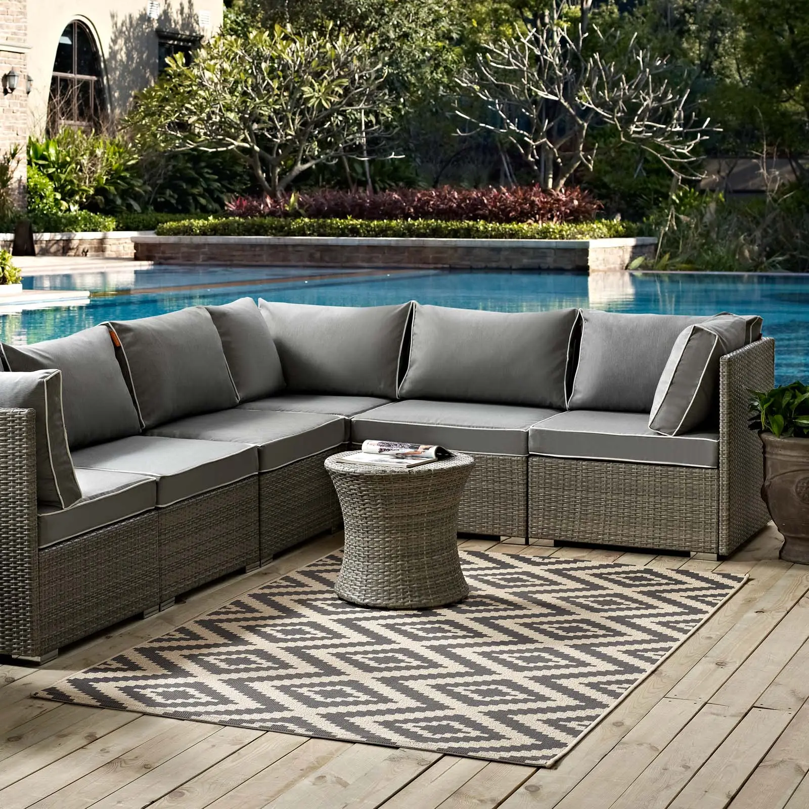 Modway Jagged Geometric Diamond Trellis 8x10 Indoor-Outdoor Patio Area Rug, Gray and Beige, Patio Rug