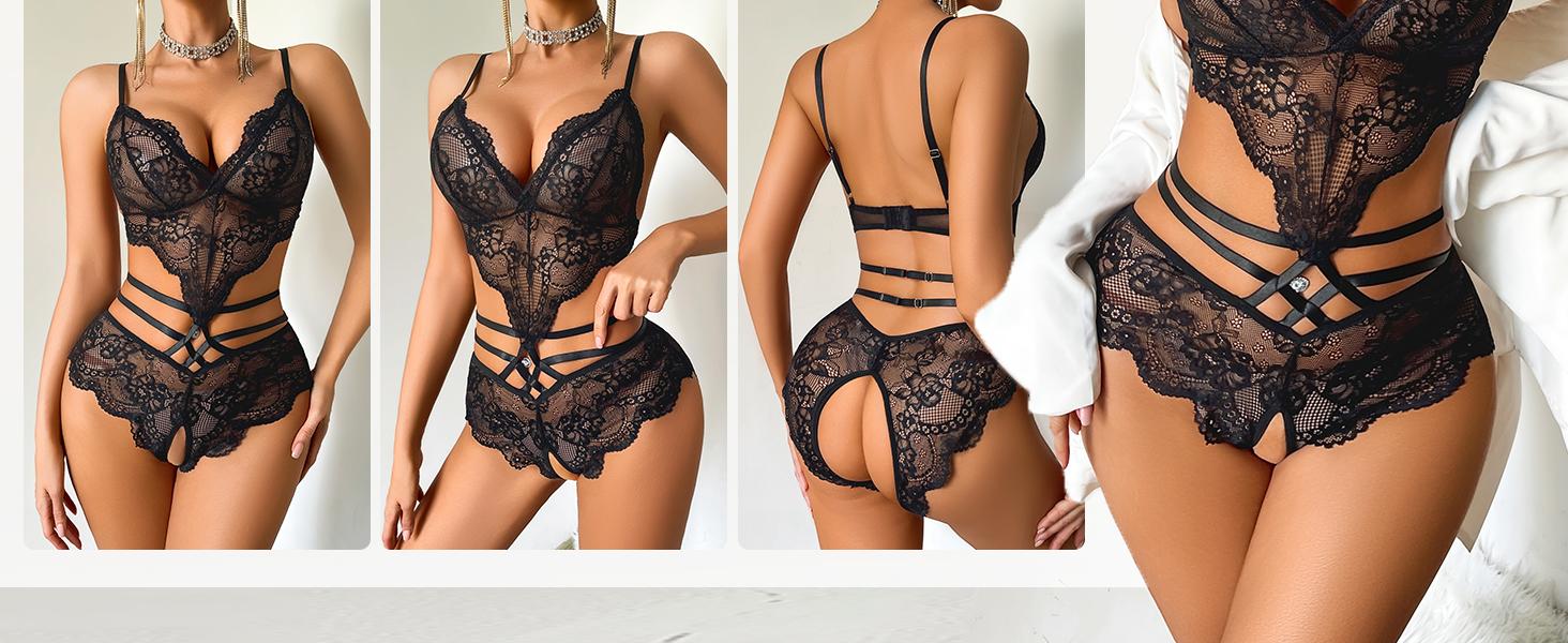 Avidlove Women Sexy Lingerie Sheer Lace Bodysuit V Neck Teddy Lingerie One Piece Mini Babydoll Womenswear Womenswear