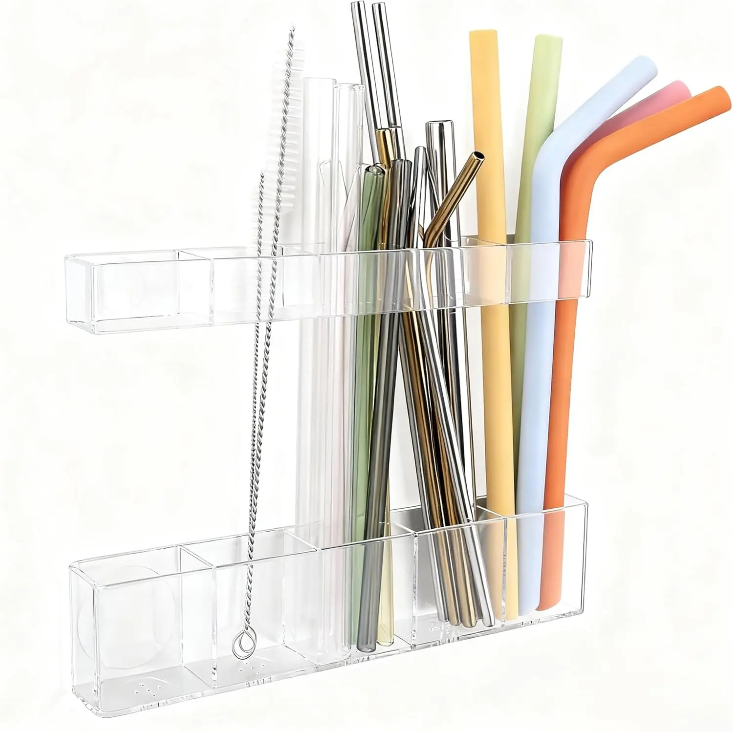 Durable Acrylic Straw Holder Racks for Cabinet Door - Child-Safe Organizer & Dispenser with Smooth Rounded Edges, Adhesive Circles Included for Kitchen Accessories Storage (Transparent)