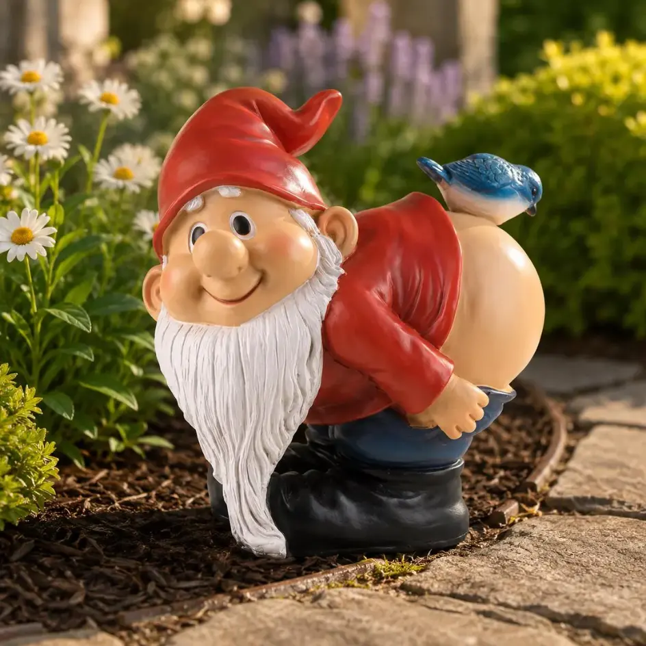 Funny Mooning Resin Garden Gnome Statue with Cute Bluebird - Naughty Outdoor Lawn Flower Bed Decor, Hilarious Prank Ornament, Unique Gag Gift for Gnome Collectors, Patio Yd Accent