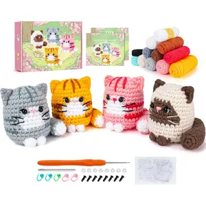 Crochet Kit for Beginners - 4 PCS Cat Crochet Kit with Step-by-Step Video Tutorials, Learn to Crochet for Adults, Cat Animal Crafts Knitting Kit Galentines Gifts