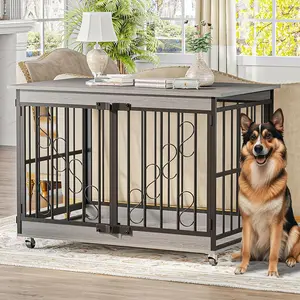 【TreasureFinds】COZPAW Dog Crate Furniture 48 Inch Wooden Dog Crates for Medium/Large Dogs, Three Doors, House Dog Cage with Lockable Wheels (Gray)