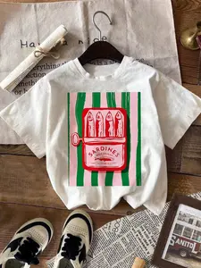 Women's Sardine Can Print Round Neck Tee, Casual Short Sleeve Fitted T-shirt for Spring & Summer, Ladies Clothes for Daily Wear, Top, Streetwear, Womenswear