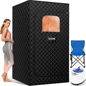 1 Person Sauna, Extra Large Sauna Box, Portable Steam Sauna Tent with 1 Steamers, 1 Folding Chair,  2.6’ x 2.6’ x 5.9’, Black Inflatable Hot Tub