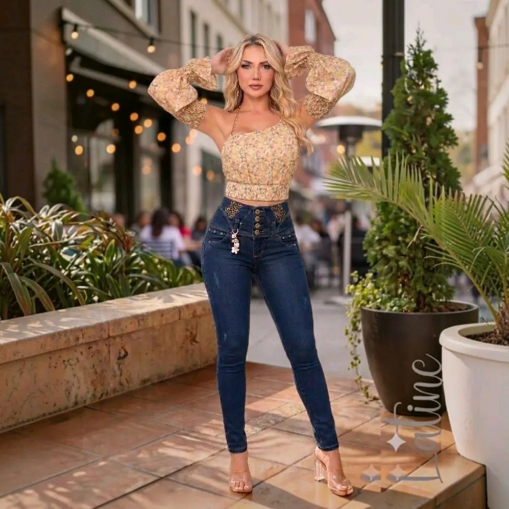 Atla Compression Jeans with Faja 4 Buttons - Ultra Power Stretch, Push Up Effect, Tiro medio 4 botones