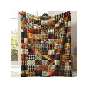 1pc Contemporary Quilt Blanket |   Soft Flannel All-Season Bedspread With Multicolor Plaid & Patterns In Brown/Orange/Black/White/Red/Beige - Lightweight Sofa, Bed, Travel, Office - & RV Bedding - Cozy Design