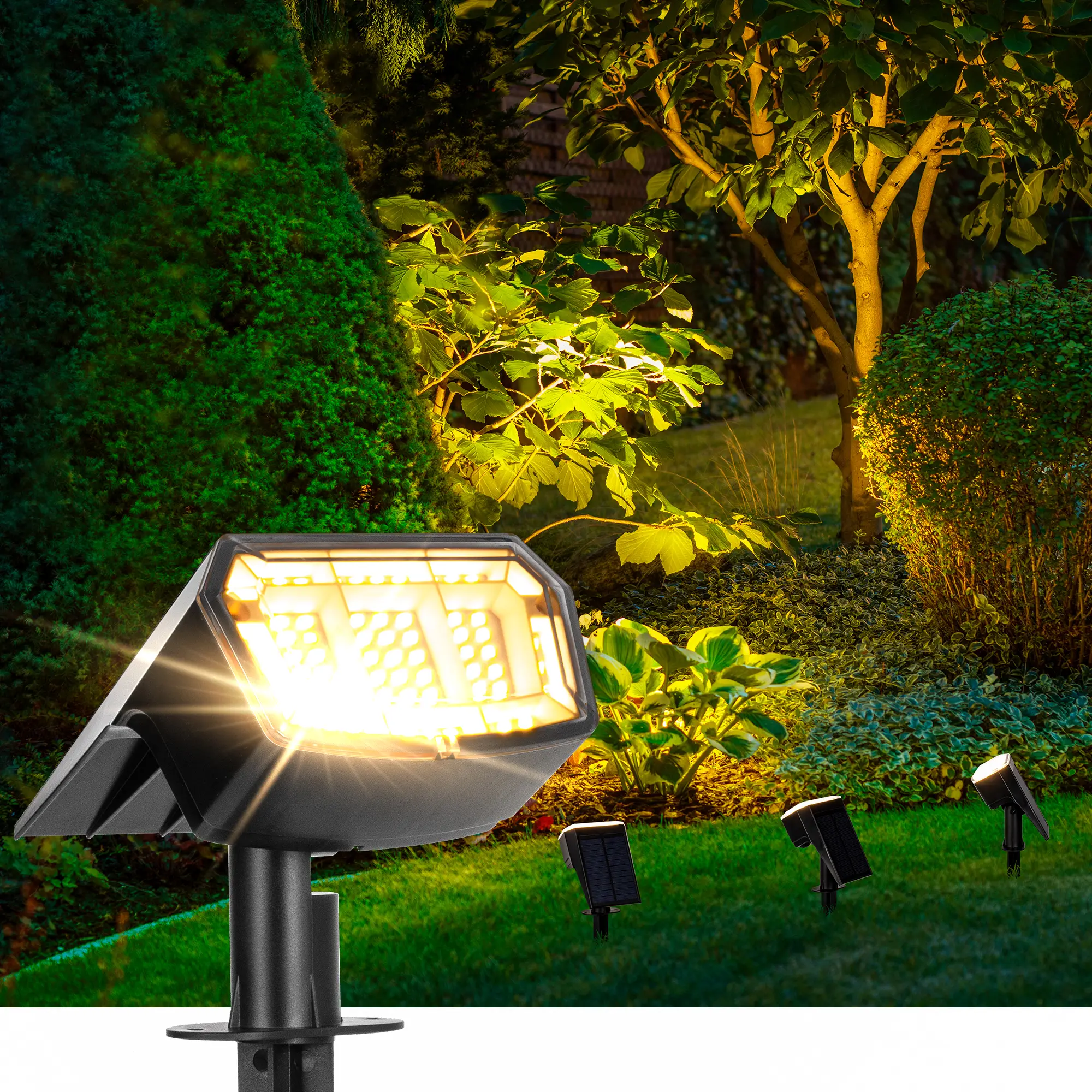 AUDERWIN Solar spotlights Outdoor 63 LED 3 Lighting Modes, IP65 Waterproof Lighten Yard Garden House Garage Pathway, solar lights for Christmas Decora