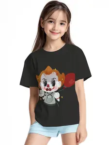Doll-style Pennywise Clown Digital Print Summer Fashion Girls' Clothing, 100% Polyester Designed for Energetic Kids, Cute Girls' Short-sleeve T-shirts, Summer Casual Children's Clothing, Outdoor Sports T-shirts