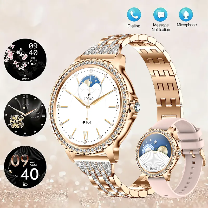 2026 New IP68 Rose Gold Smart Watch for Women with Diamond Dial & Diamond-Studded Strap, 1.32” HD Touchscreen, Bluetooth Call, Sleep & Step Tracker, 100+ Sport Modes, AI Voice Assistant, Extra Strap
