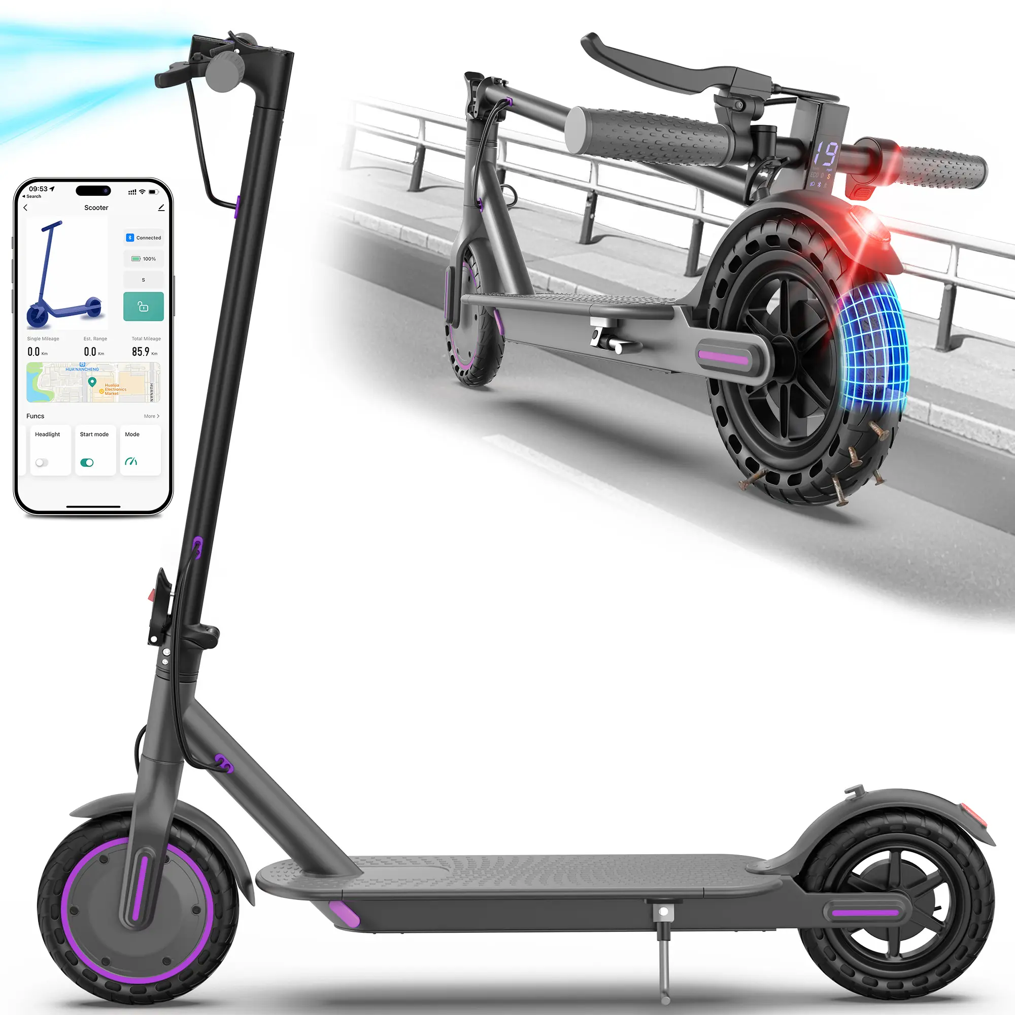 Electric Scooter – 8.5" Solid Tires, Purple 350W Motor, Up to 19MPH & Long-Range, Portable Commuting for Adults, Double Braking System, App