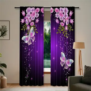 2pc purple butterfly print sheer curtain/door curtain with rod bag design, Home decoration curtain, a perfect gift for friends, suitable for bedrooms, living rooms, kitchens, dining rooms, studies, cafes, hotels, and home décor