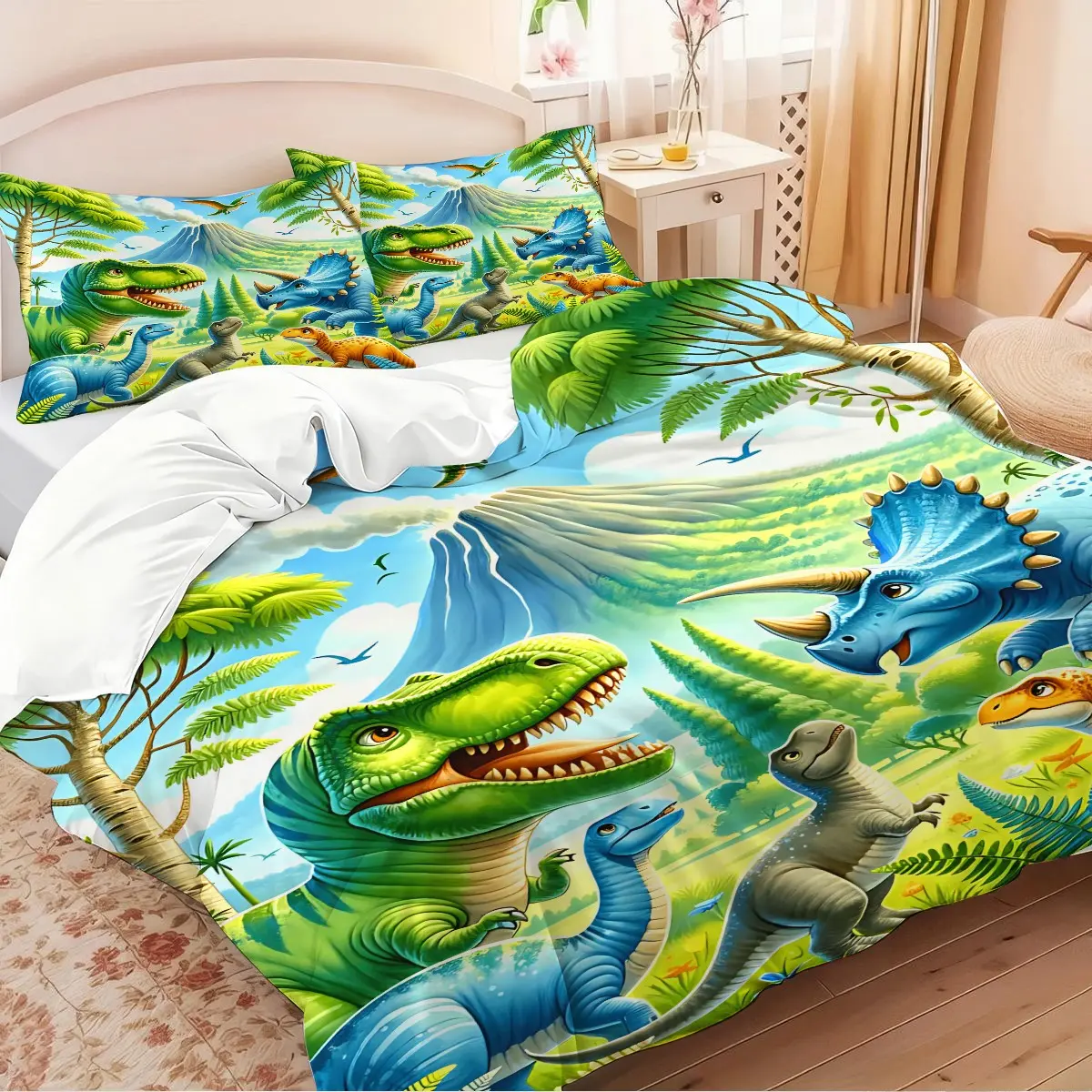 This 2/3Pcs Dinosaur-Themed Printed Duvet Cover Set Is Perfect for Teen, Dinosaur Enthusiasts, and More. Soft, Skin-Friendly, and Suitable for All Seasons, This Bedding Set Creates A Dreamy Jurassic-Themed Sleep Space for Teenagers.