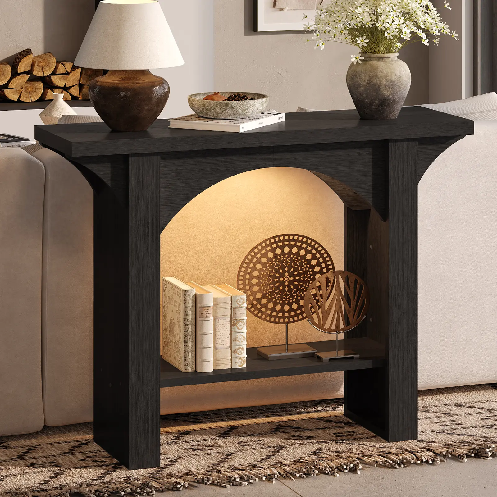 Console Table, Entryway Table with LED Light 39-Inch Sikaic modern Narrow Wood Hallway Tables Behind Couch Sofa Tables for Living Room, Entryway, Foyer