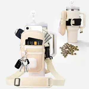 Water Bottle Holder with Strap Water Bottle Pouch for Stanley 40oz/30oz Tumbler Water Bottle Carrier Purse with Phone & Earphone Pocket for Stanley Cup Accessories with Straw Cover, A-Z Letter Charms